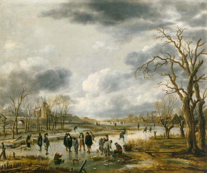 Aert van der Neer Scene on the ice outside the town walls oil painting image